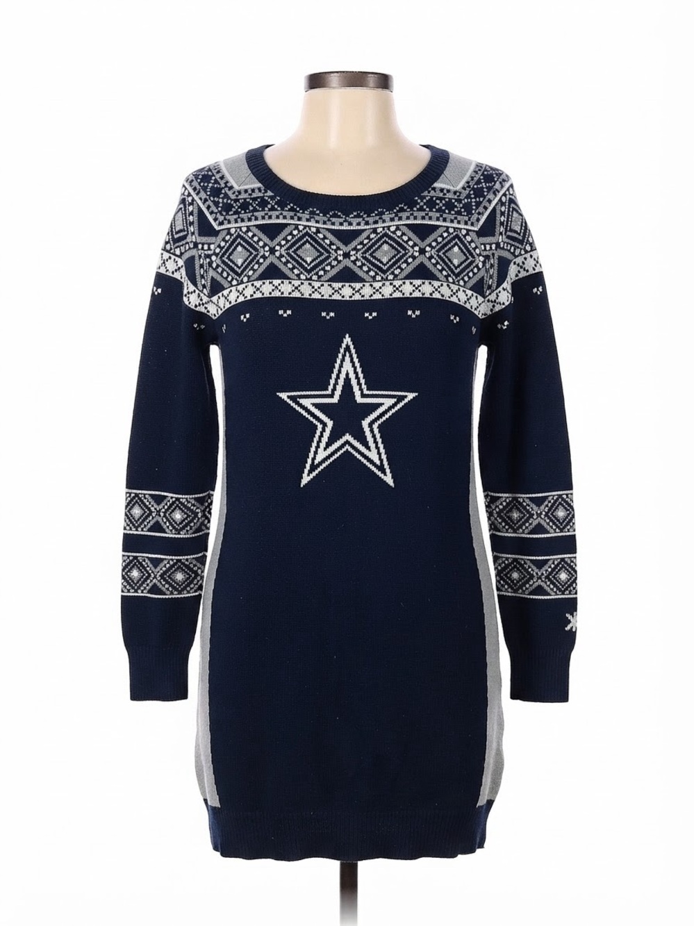 Dallas Cowboys Fair Isle Star Knit Sweater Dress Blue Gray Long Sleeve Medium